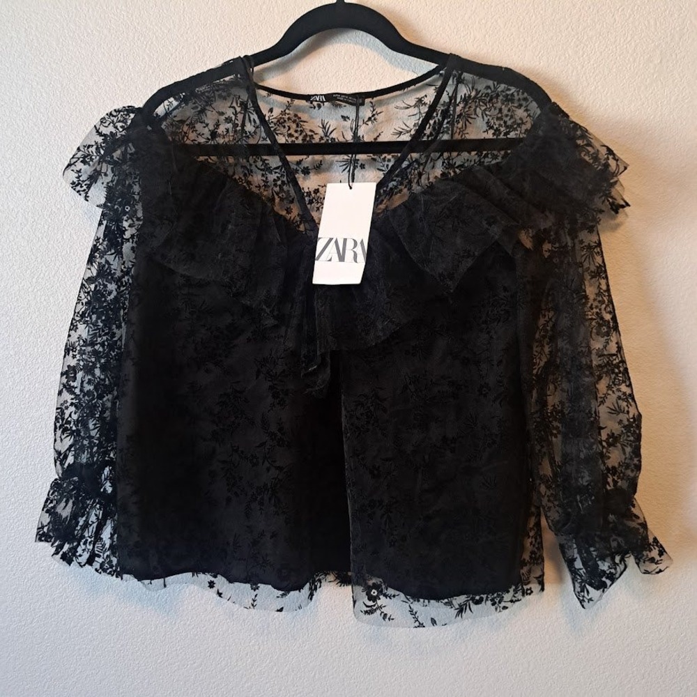 Zara Black Sheer Floral Lace Ruffle Blouse Top NWT 3564/184/800 Small